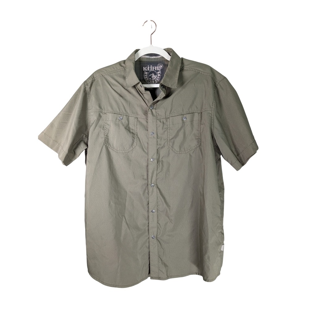 Kuhl Shirt Mens L Olive Green Micro Check Short Sleeve Snap Hiking Shirt
